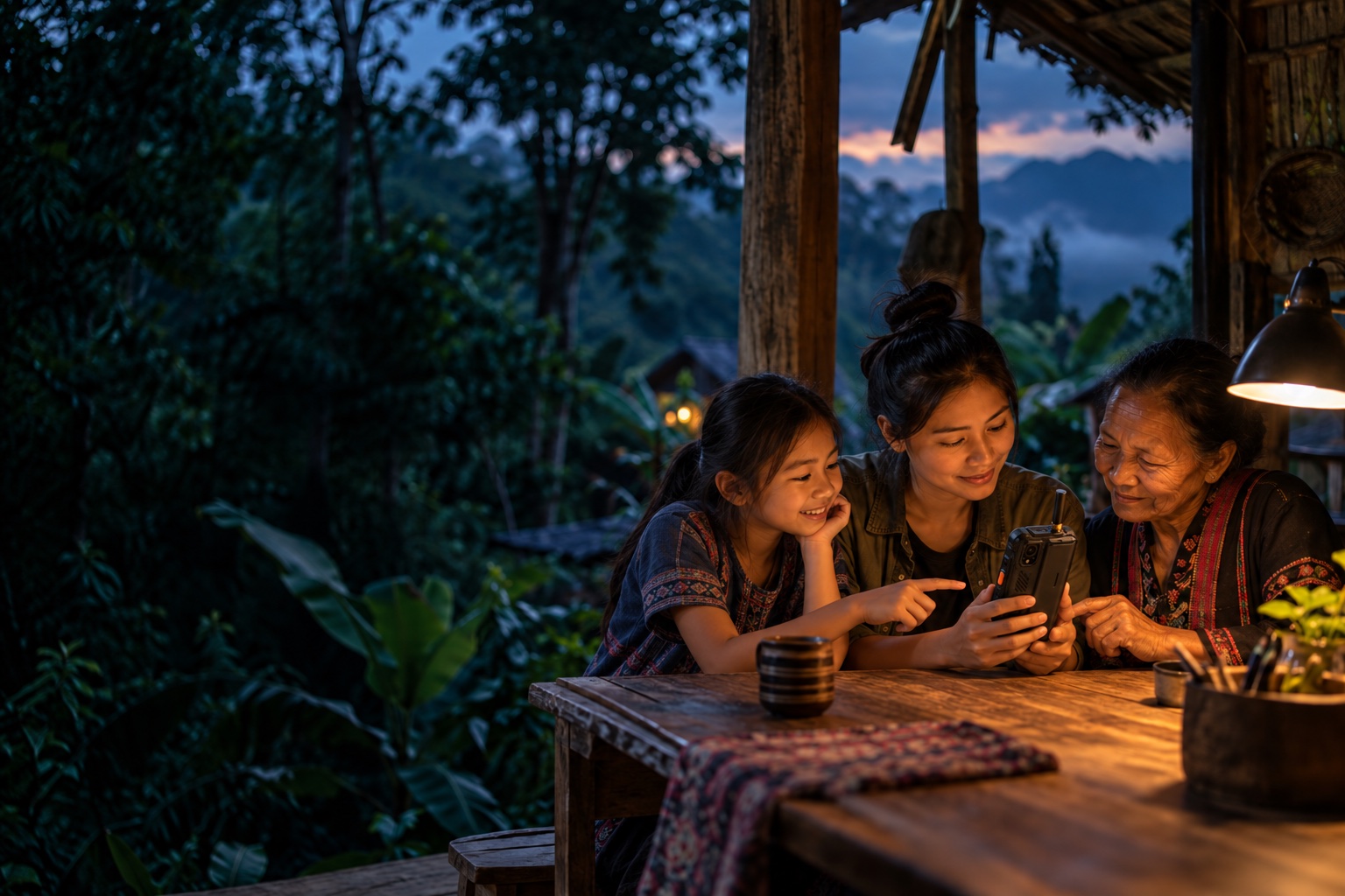 AI illustration of three generations exploring a handheld device together at a rural home