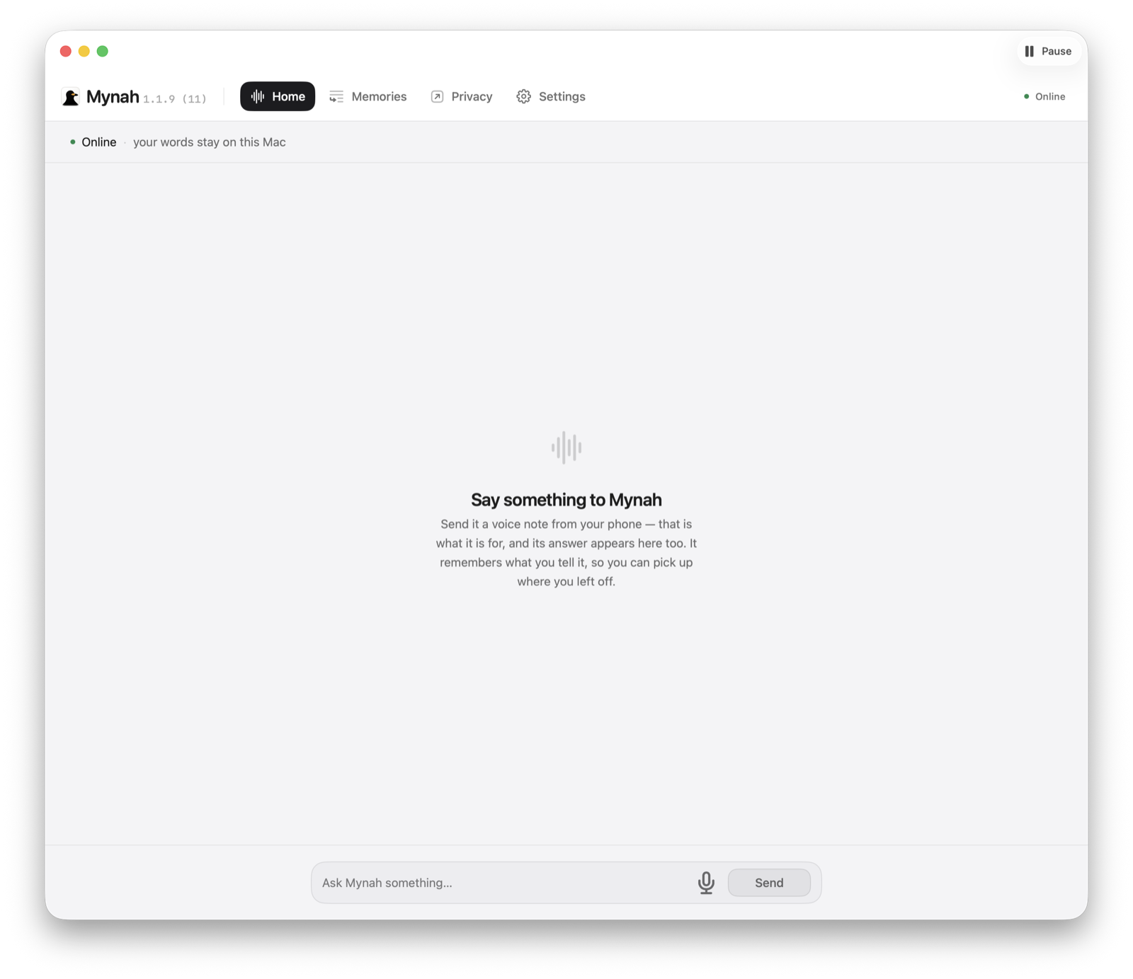 Mynah's macOS app showing its Home conversation view