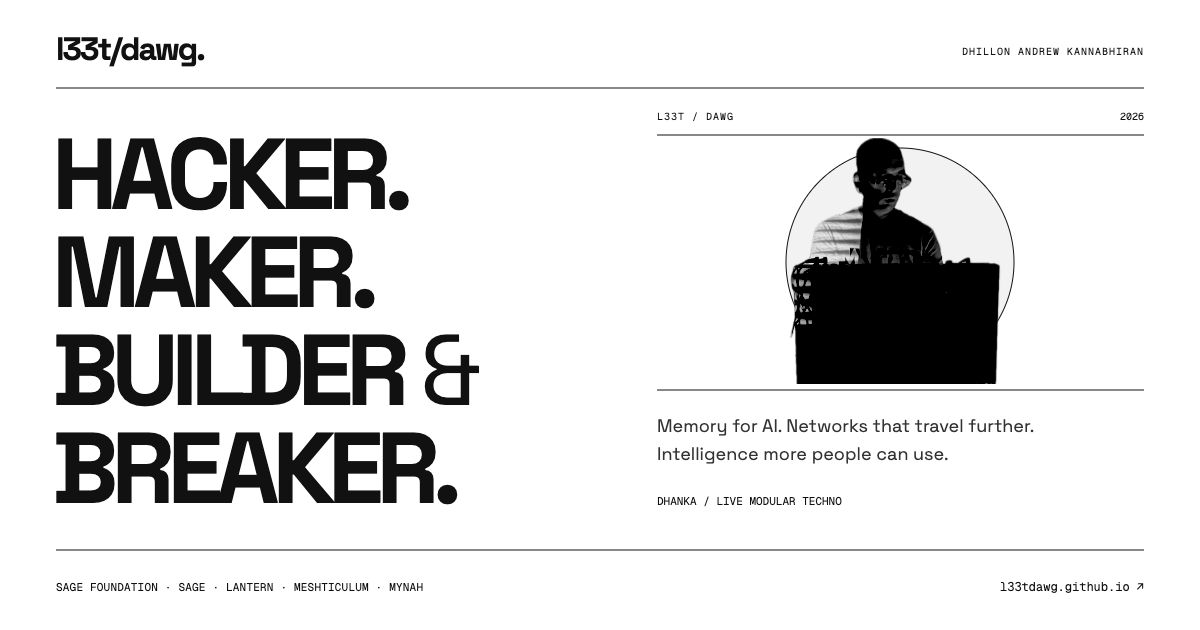 L33tdawg: hacker, maker, builder and breaker. SAGE Foundation, SAGE, Mynah, Meshticulum and Lantern.