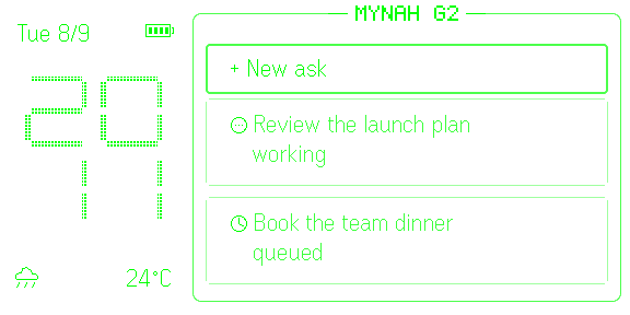 Mynah G2 dashboard with dot-matrix clock, battery, local weather and two sample question cards