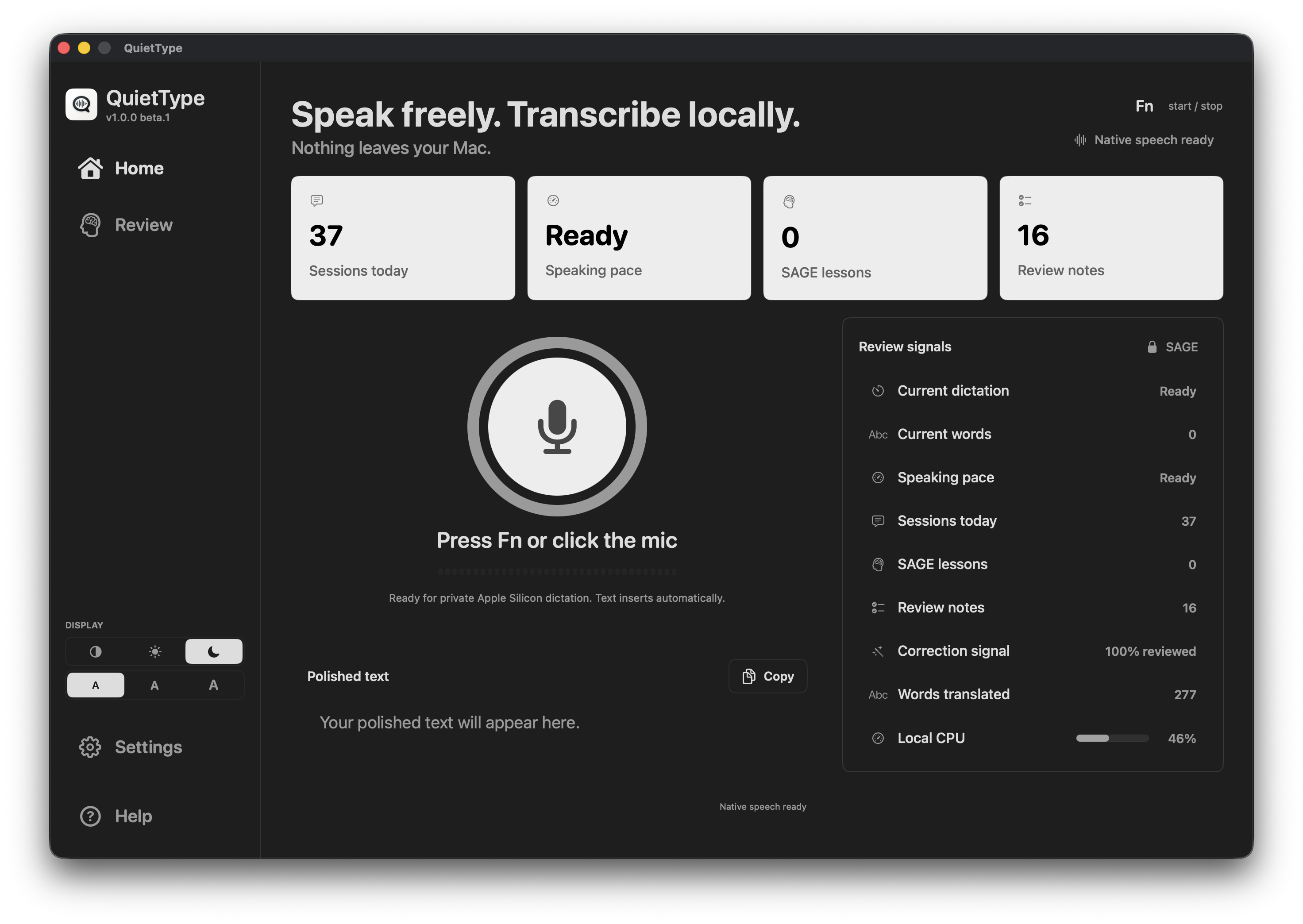 QuietType Home screen in dark mode with high-contrast status cards