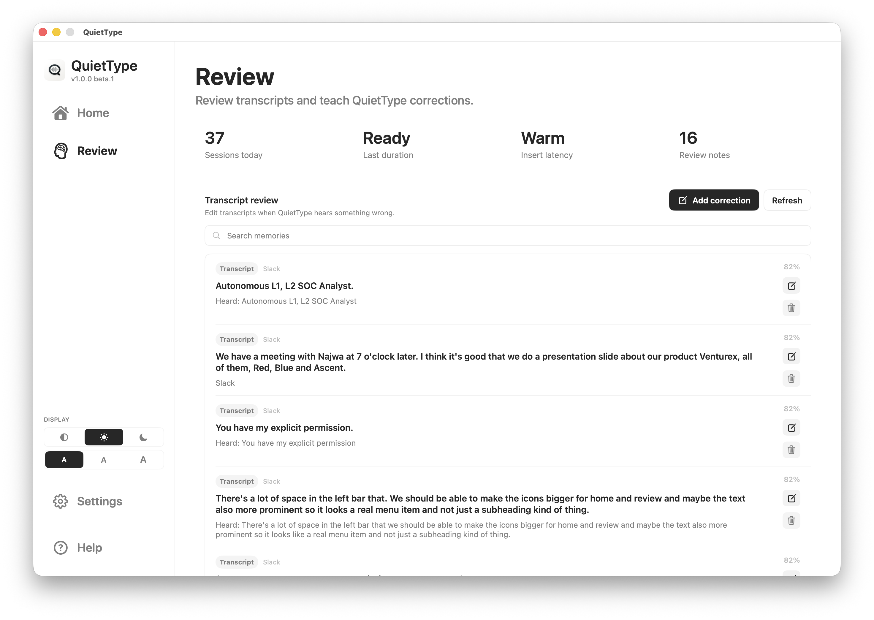 QuietType Review screen showing transcript correction history