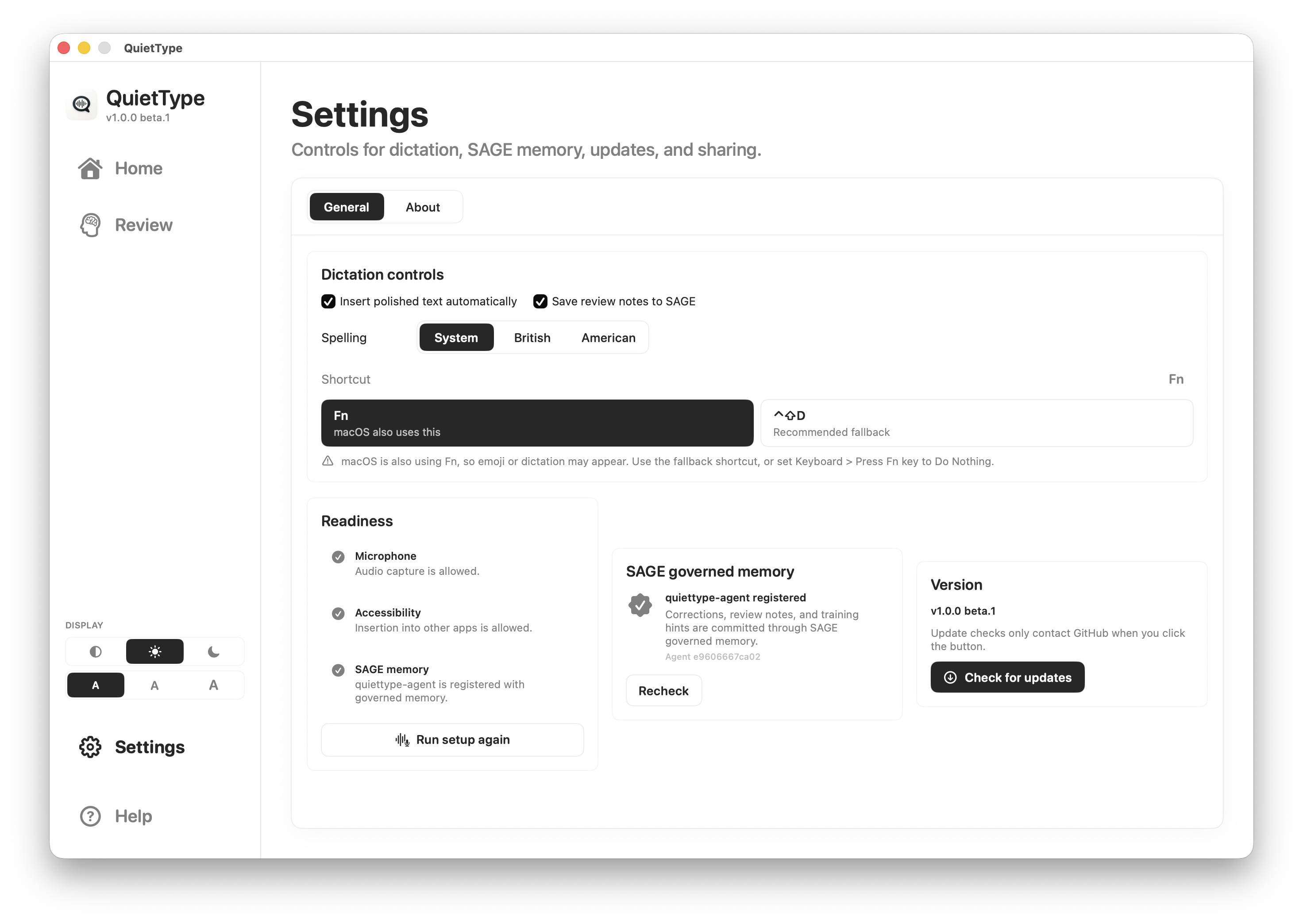 QuietType Settings screen showing dictation controls, readiness, SAGE memory and version